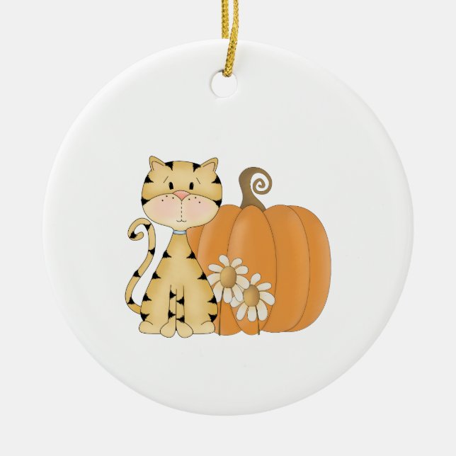 Orange Kitty w/ Pumpkin Ceramic Ornament (Front)