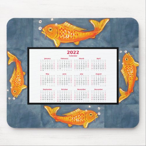 Orange Koi Fish Art Blue Pond Water 2022 Calendar Mouse Pad