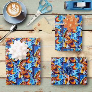 Orange Koi fIsh Blue Wrapping Paper Sheets