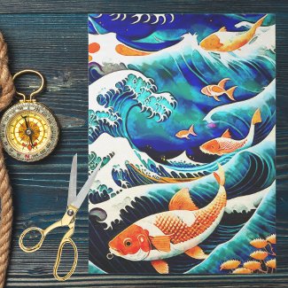 Orange Koi Fish in a Great Wave Japanese Style  
