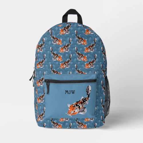 Orange Koi Fish on Blue Waves Patterned Printed Backpack
