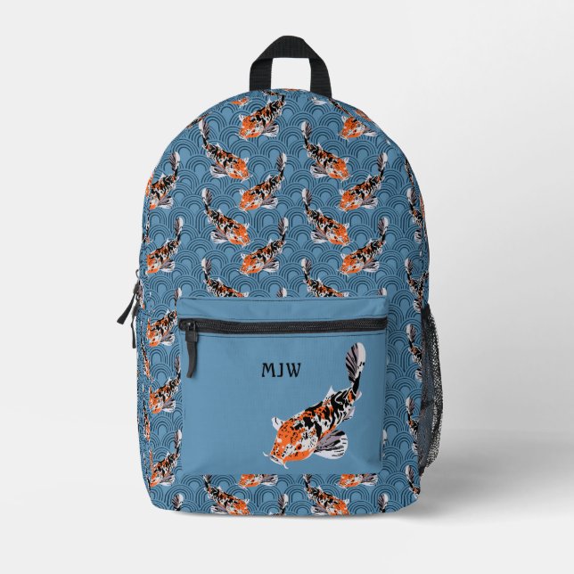 Orange Koi Fish on Blue Waves Patterned Printed Backpack (Front)