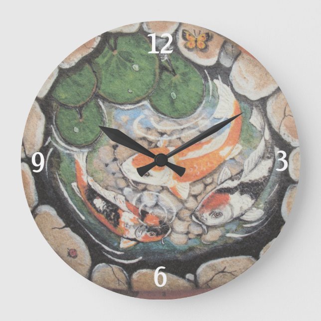 Orange Koi Fish Pond Insect Lily Pad Stone Large Clock (Front)