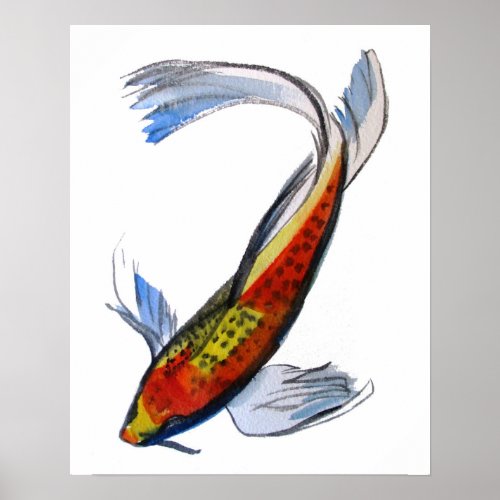 Orange Koi Japanese watercolour art fish Poster