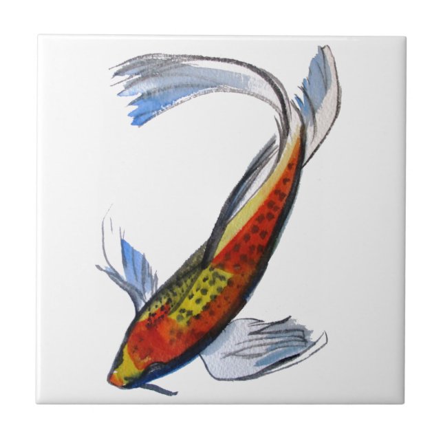 Orange Koi Japanese watercolour carp art Ceramic Tile (Front)