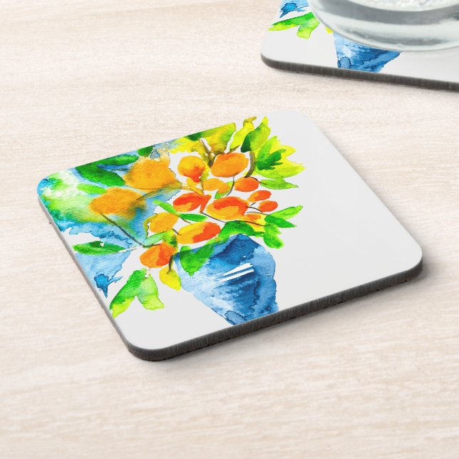 Orange kumquat fruit art watercolor beverage coaster (Left Side)