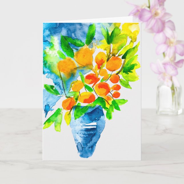 Orange kumquat fruit art watercolor card (Orchid)