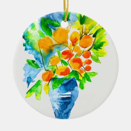 Orange kumquat fruit art watercolor ceramic ornament