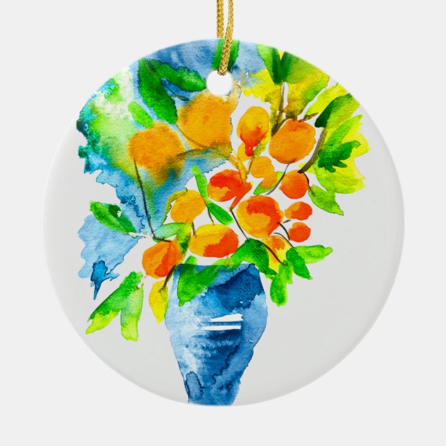 Orange kumquat fruit art watercolor ceramic ornament (Front)