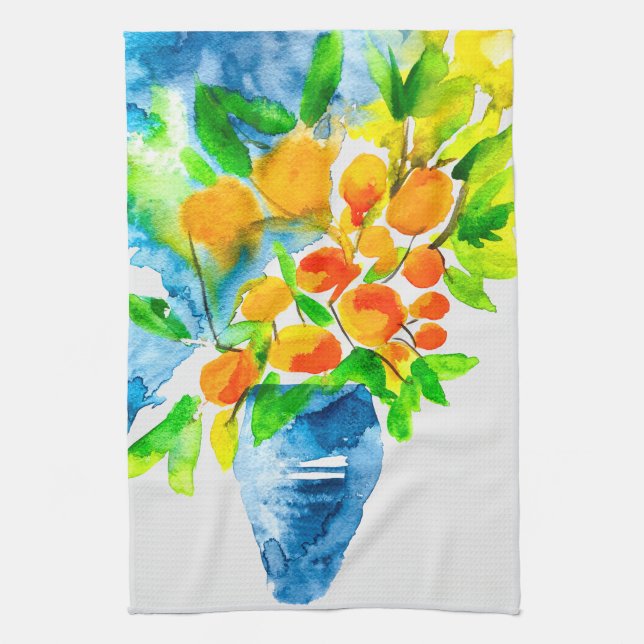 Orange kumquat fruit art watercolor kitchen towel (Vertical)