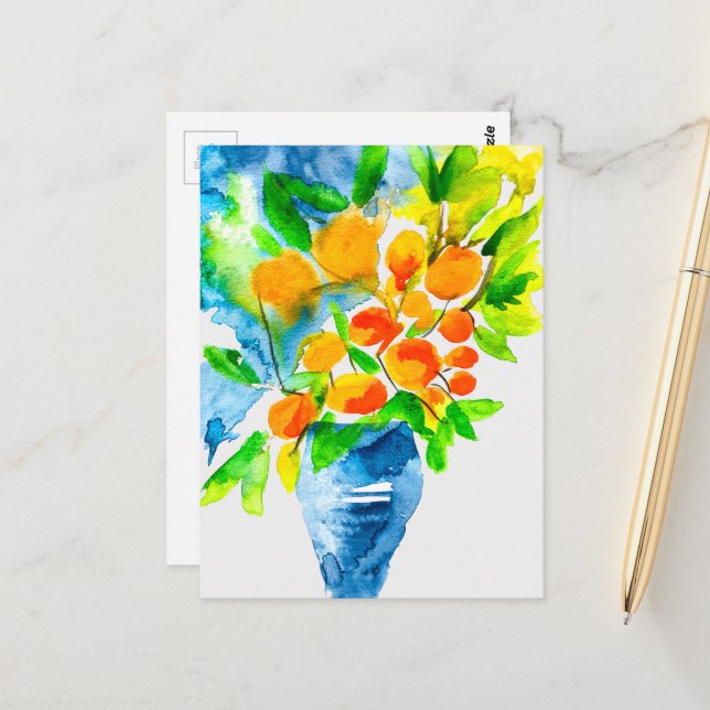 Orange kumquat fruit art watercolor postcard (Front/Back In Situ)