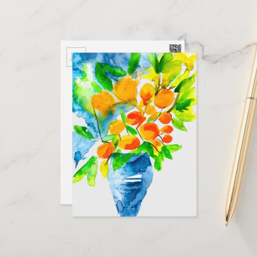 Orange kumquat fruit art watercolor postcard