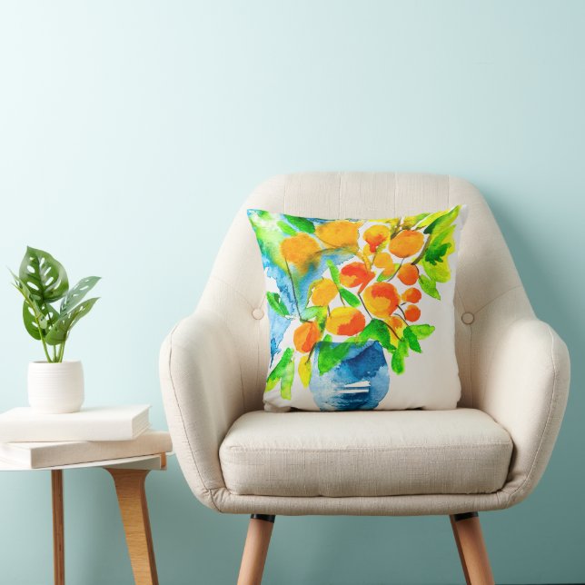 Orange kumquat fruit art watercolor throw pillow (Chair)