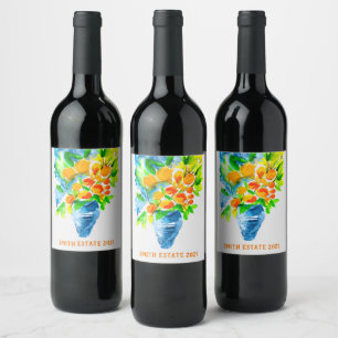Orange kumquat fruit art watercolor wine label
