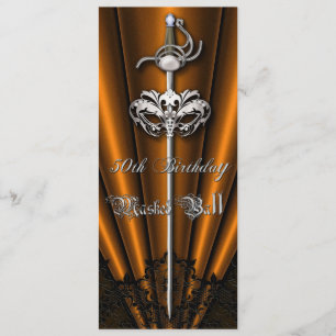 Orange Lace Masquerade Silver 50th Birthday Invitation