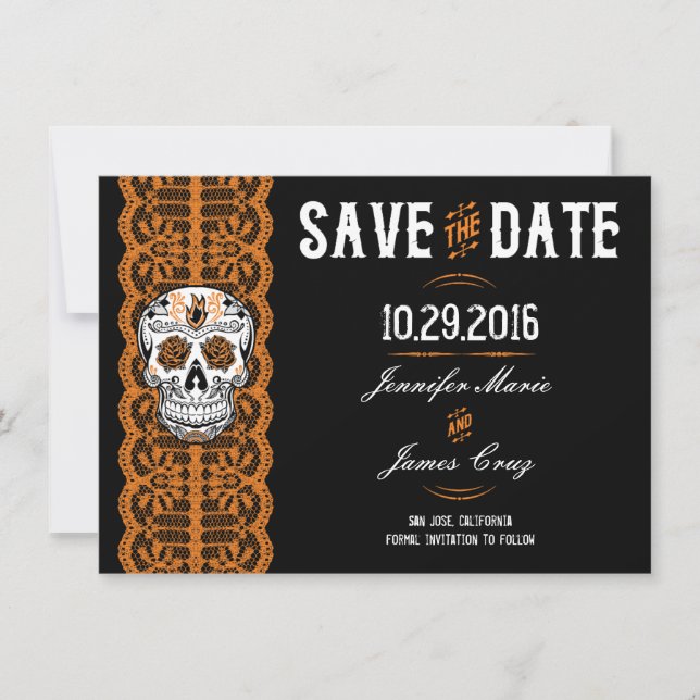 Orange Lace Sugar Skull Save the Dates 4.5x6.25" Date (Front)