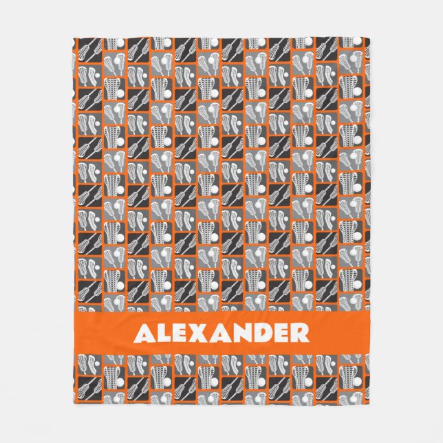 Orange Lacrosse Blocks of Sticks and Balls Fleece Blanket (Front)