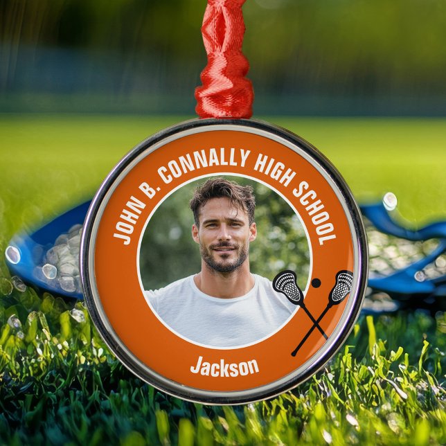 Orange Lacrosse Player Photo High School Christmas Metal Ornament (Creator Uploaded)