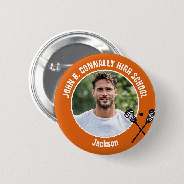 Orange Lacrosse Player Photo High School Spirit Button (Front & Back)