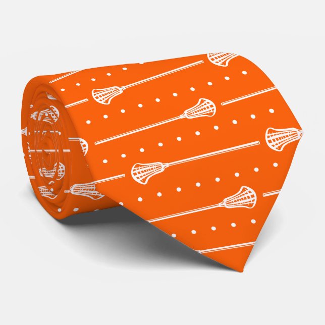 Orange Lacrosse White Sticks & Dots Pattern Neck Tie (Rolled)