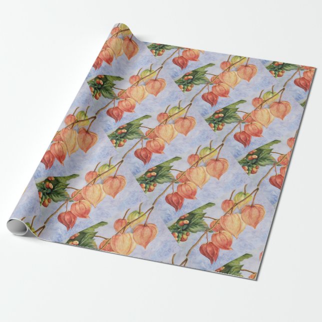 Orange Lantern Flowers Wrapping Paper (Unrolled)