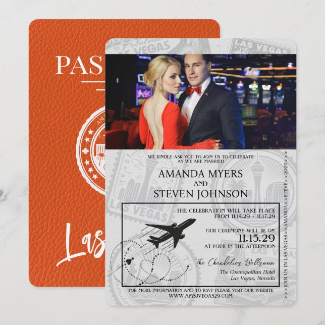 Orange Las Vegas Passport Wedding Invitation (Front/Back)