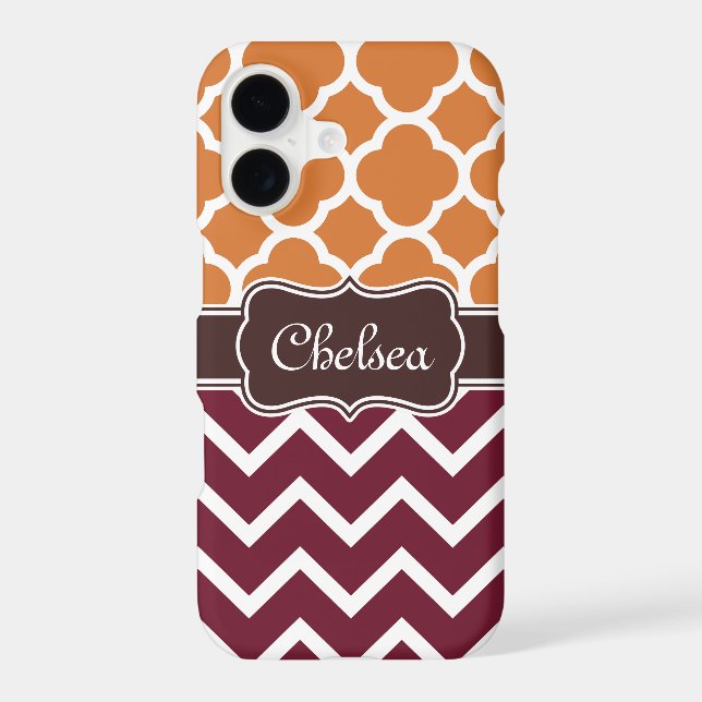 Orange Lattice Maroon Chevron Patterns Brown Name Iphone Case (Back)