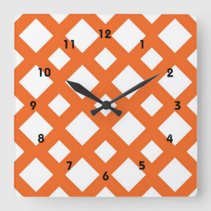 Orange Lattice on White Square Wall Clock