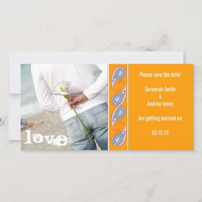 Orange & Lavender Paisley Save the Date (Front)