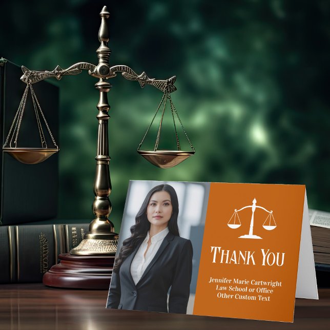 Orange Law School Graduation Photo Custom Lawyer Thank You Card (Creator Uploaded)