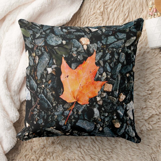 Orange Leaf on Black Rocks Throw Pillow (Blanket)