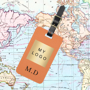 Orange leather business company logo monogram luggage tag