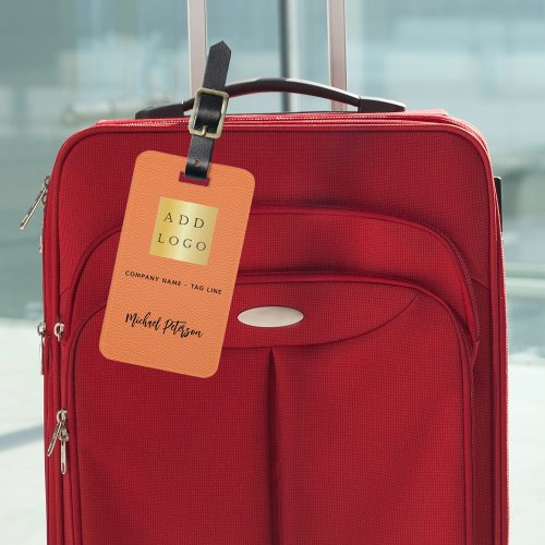 Orange leather gold business company logo name luggage tag