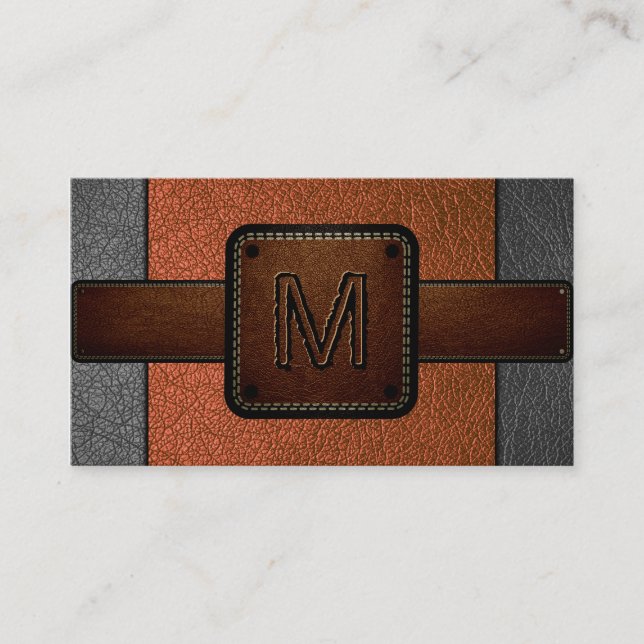 Orange Leather Look Brown Monogram Business Card (Front)