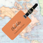 Orange leather monogram name luggage tag<br><div class="desc">Orange faux leather print as background. Personalize and add your first name,  monogram letters and full name on the front. Your contact information on the back.  Black text.</div>