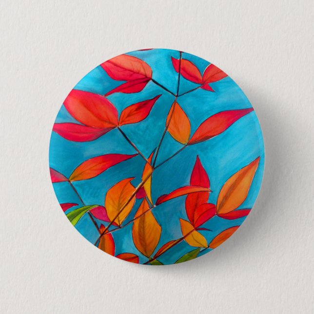 Orange leaves Autumn original watercolour art Button (Front)