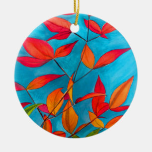 Orange leaves Autumn original watercolour art Ceramic Ornament