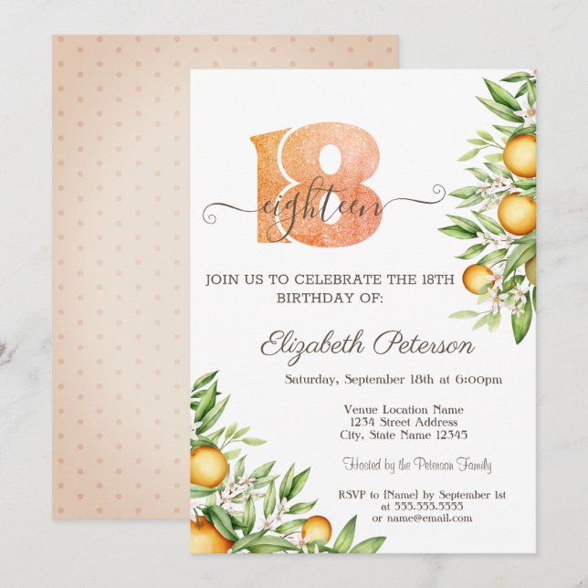 Orange Leaves Citrus 18th Birthday  Invitation (Front/Back)