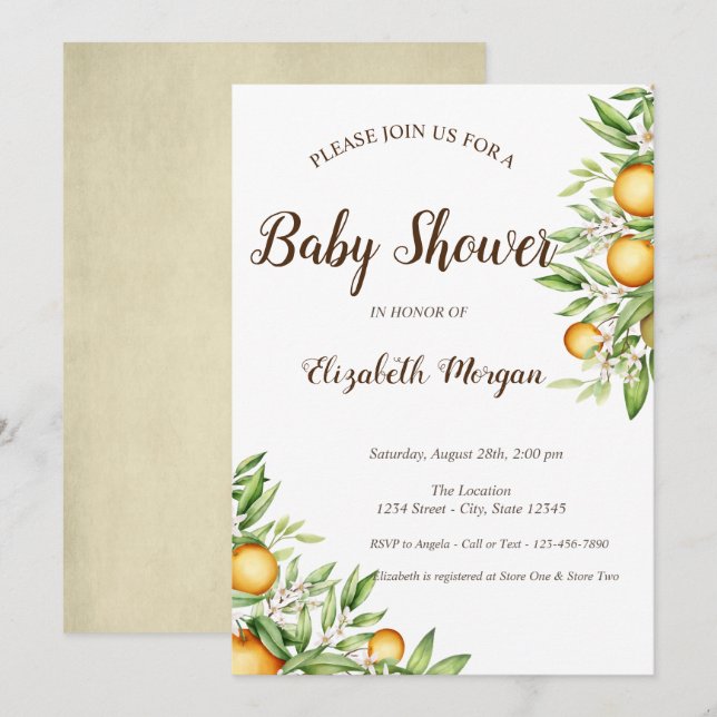  Orange,Leaves Citrus Baby Shower  Invitation (Front/Back)