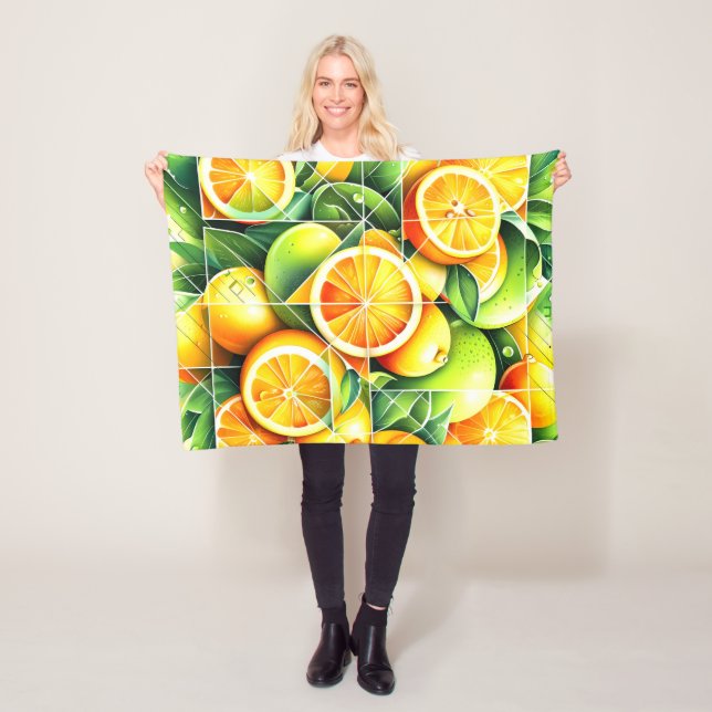 Orange Lemon Botanical Citrus Geometric Fleece Blanket (In Situ)