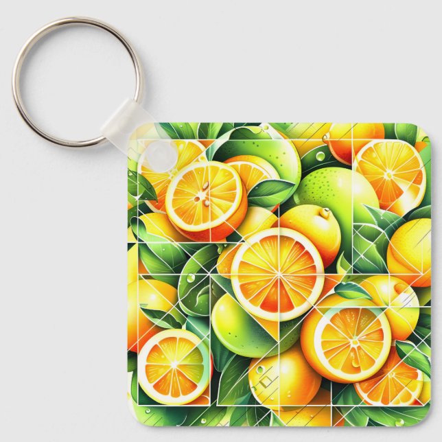 Orange Lemon Botanical Citrus Geometric Keychain (Front)