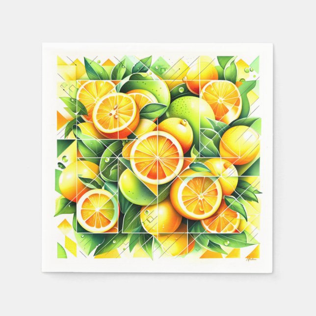 Orange Lemon Botanical Citrus Geometric Napkins (Front)