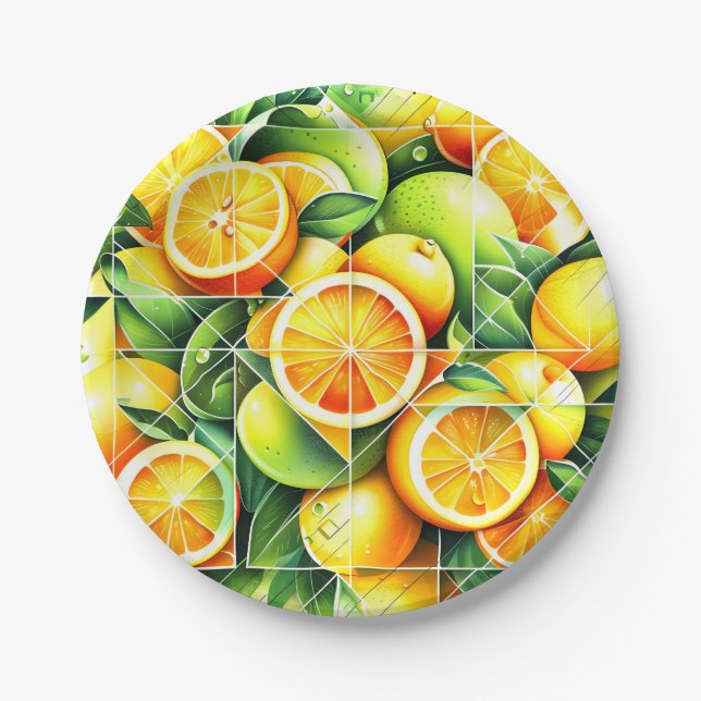 Orange Lemon Botanical Citrus Geometric Paper Plates (Front)
