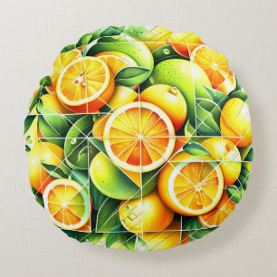 Orange Lemon Botanical Citrus Geometric Round Pillow
