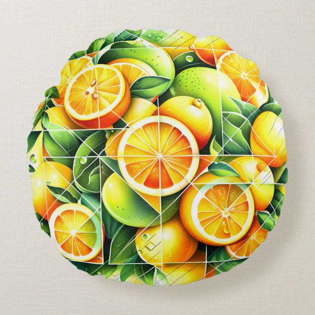 Orange Lemon Botanical Citrus Geometric Round Pillow (Front)