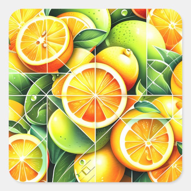 Orange Lemon Botanical Citrus Geometric Square Sticker (Front)