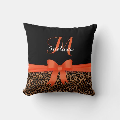 Orange Leopard Animal Print  Monogram Throw Pillow