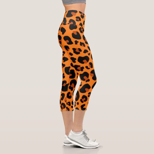 Orange Leopard Cheetah Skin Print Pattern Capri Leggings