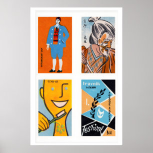 Orange & Light Blue Matchbox Labels Grid Print