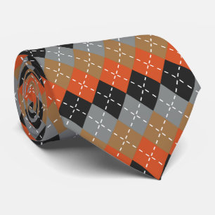 Orange Light Gray Tan Off Black Argyle Neck Tie